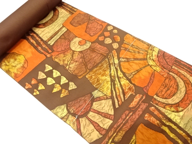 アンティーク　本場筑前博多　抽象花に幾何学模様織り出し　名古屋帯地反物